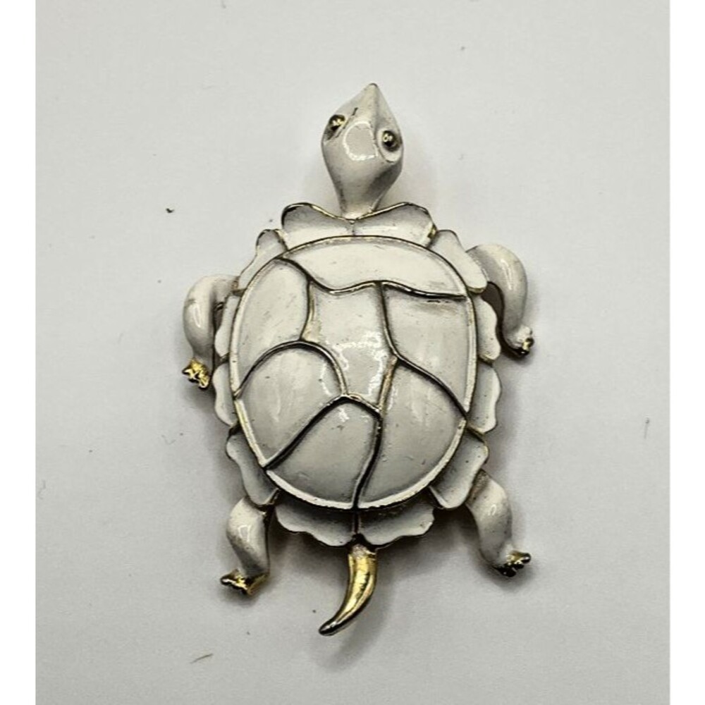 Goldtone White Enameled Turtle Statement Brooch Vintage Fashion Jewelry